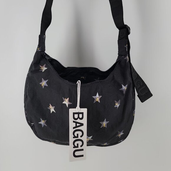BAGGU Medium Nylon Crescent Bag NWT | Black Star Print | Recycled Nylon - Picture 2 of 16